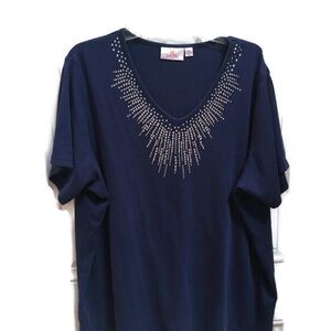 Quaker Factory Women’s Size 2X Top Navy Blue Rhinestone Shirt